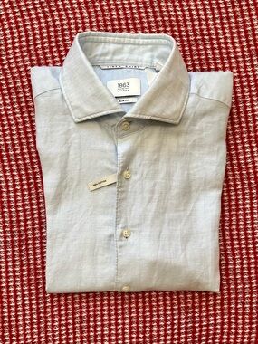 1863 by Eterna Slim Fit Light Blue Button-Down Shirt in Cotton - Linen.